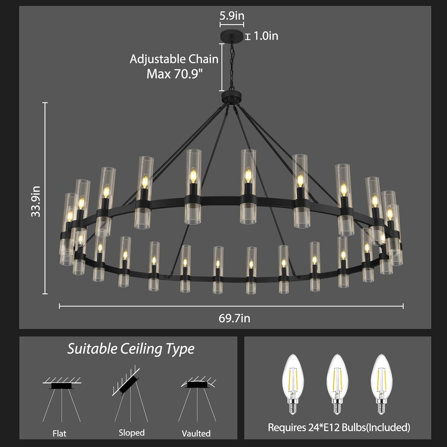 Farmhouse Wagon Wheel Chandelier with Glass Shade 64“