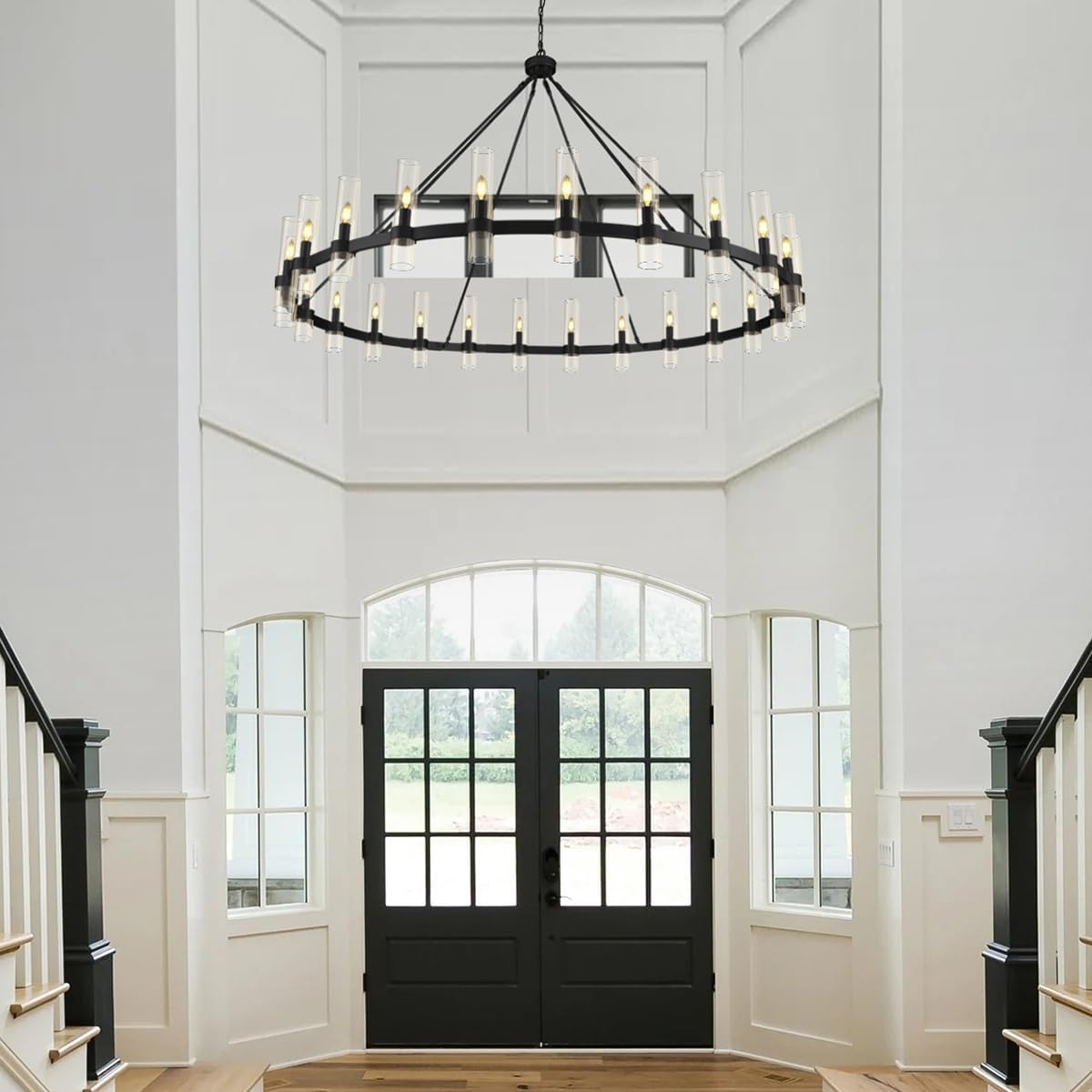 Farmhouse Wagon Wheel Chandelier with Glass Shade 64“