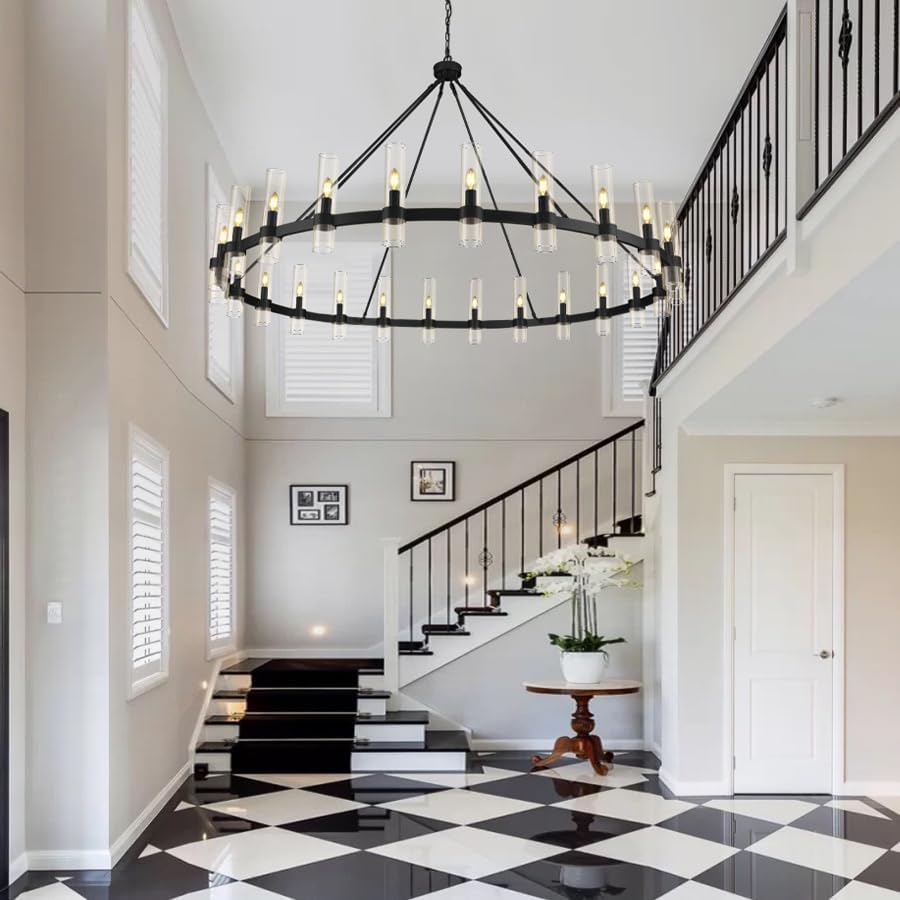 Farmhouse Wagon Wheel Chandelier with Glass Shade 64“