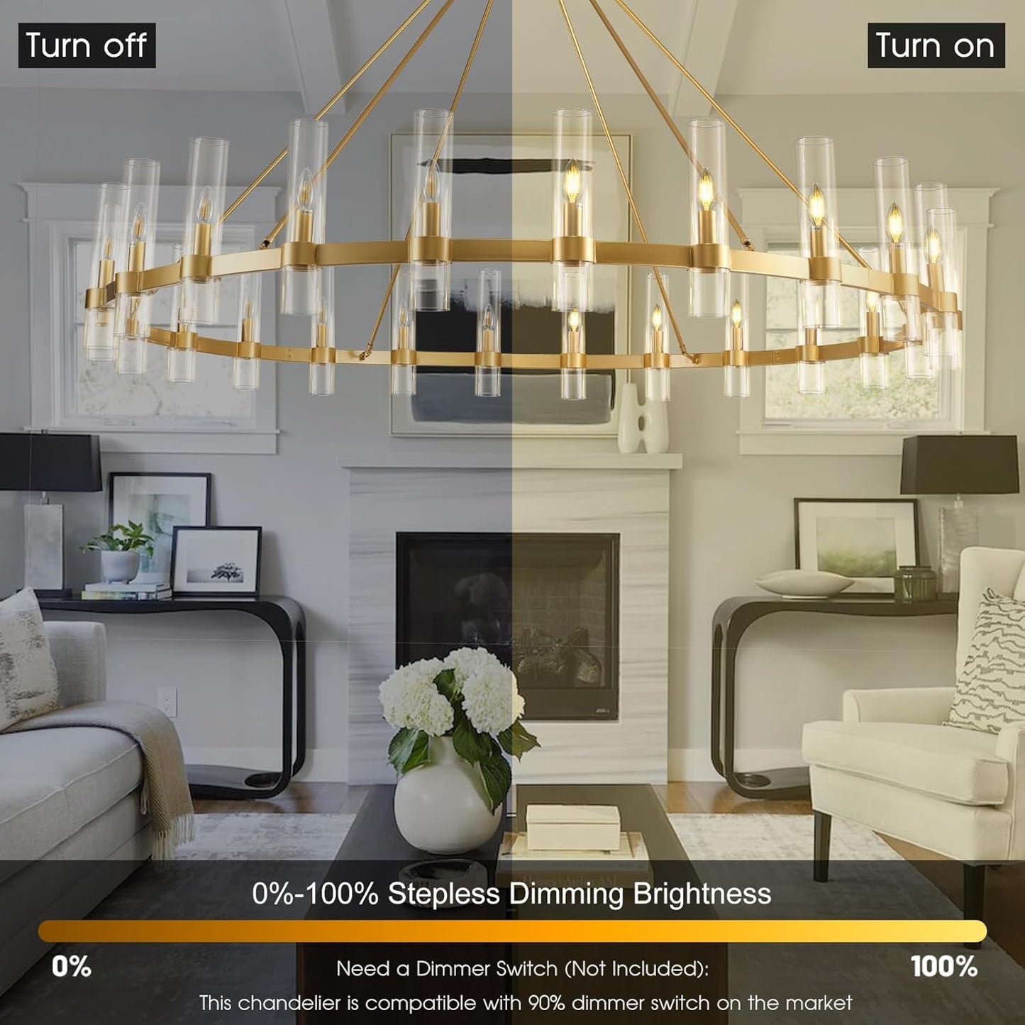 Farmhouse Wagon Wheel Chandelier with Glass Shade 64“