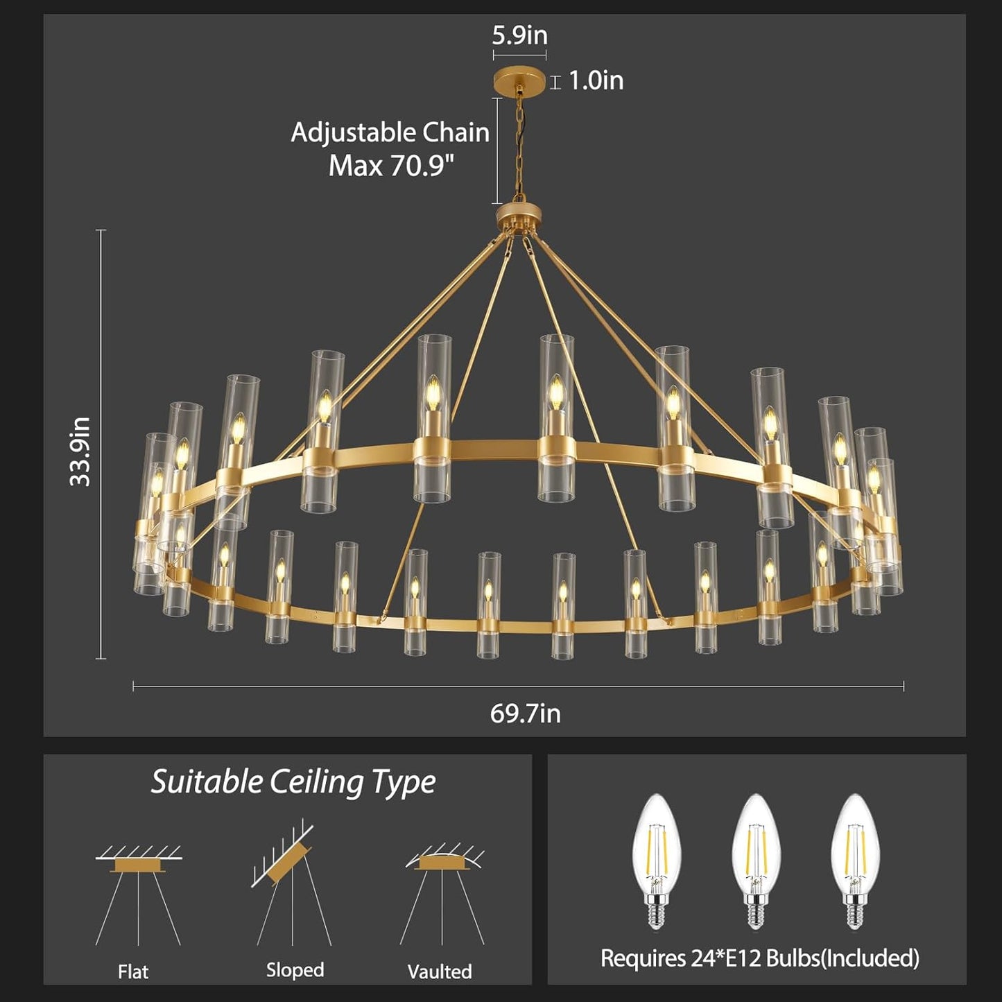 Farmhouse Wagon Wheel Chandelier with Glass Shade 64“