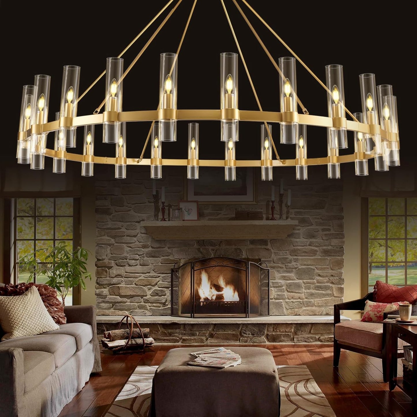 Farmhouse Wagon Wheel Chandelier with Glass Shade 64“