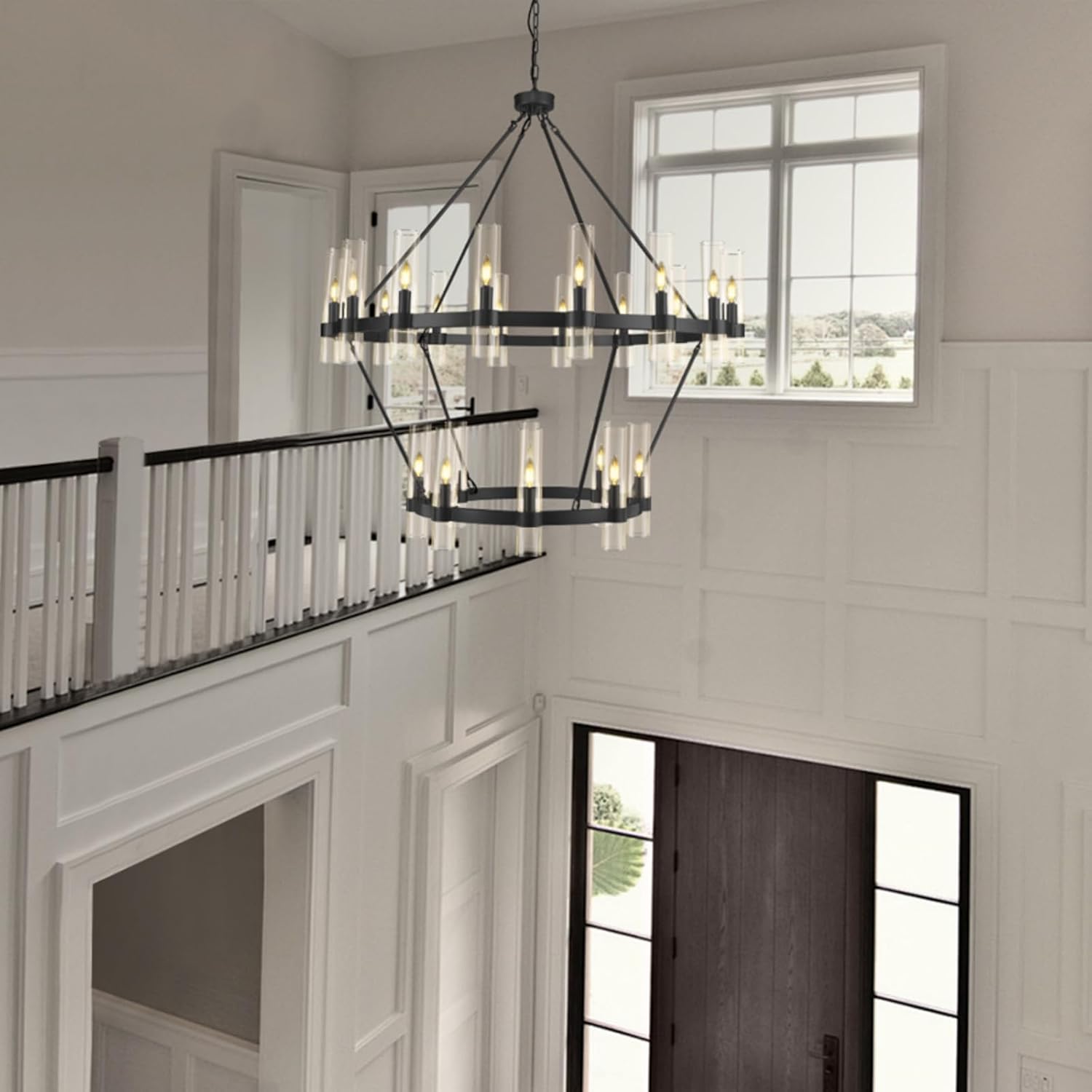 Farmhouse Wagon Wheel 2-Tier Chandelier with Glass Shade 48“