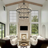 Farmhouse Wagon Wheel 2-Tier Chandelier with Glass Shade 48“