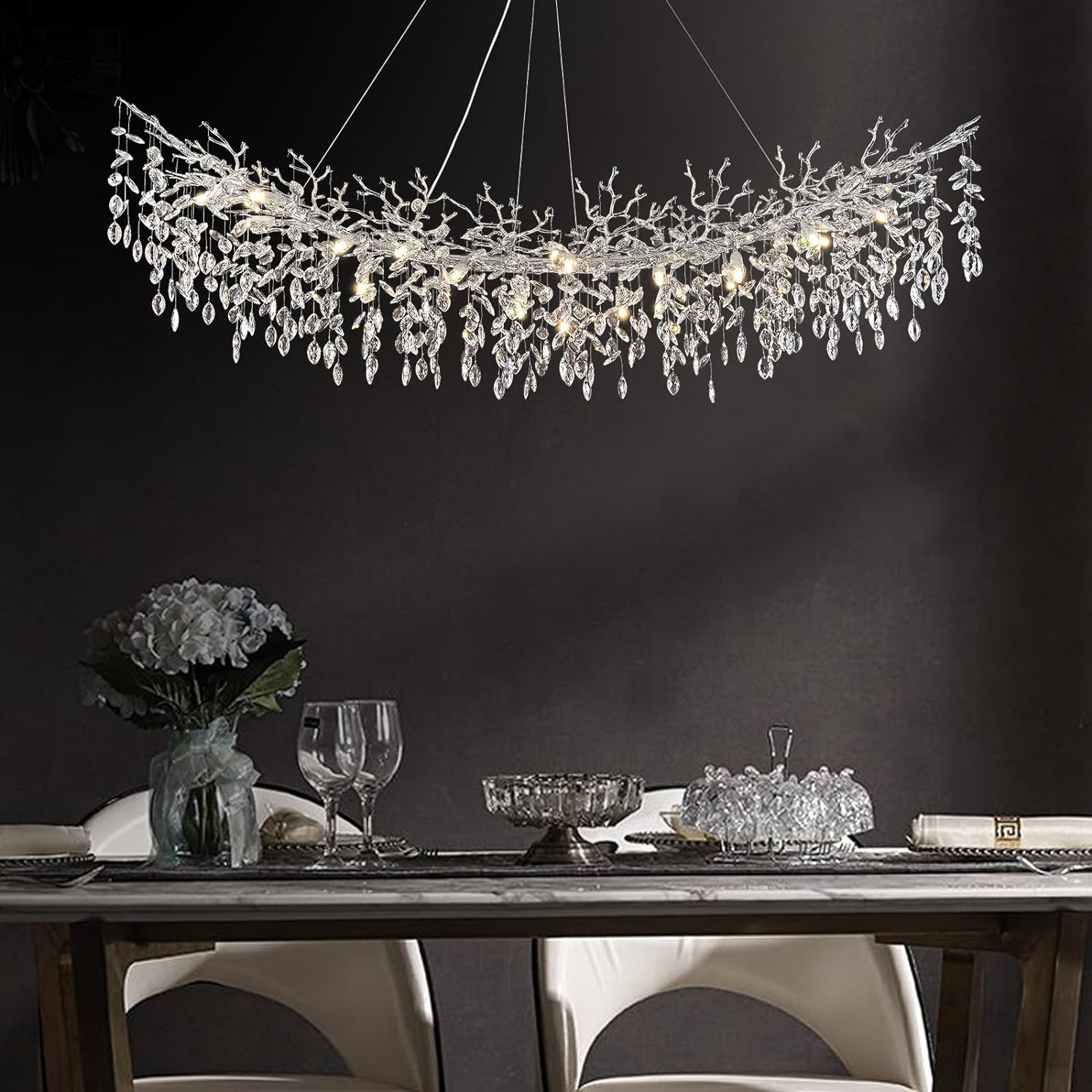 Ice Eye Modern Crystal Tree Branch Linear Chandelier for All Rooms 55" 72"