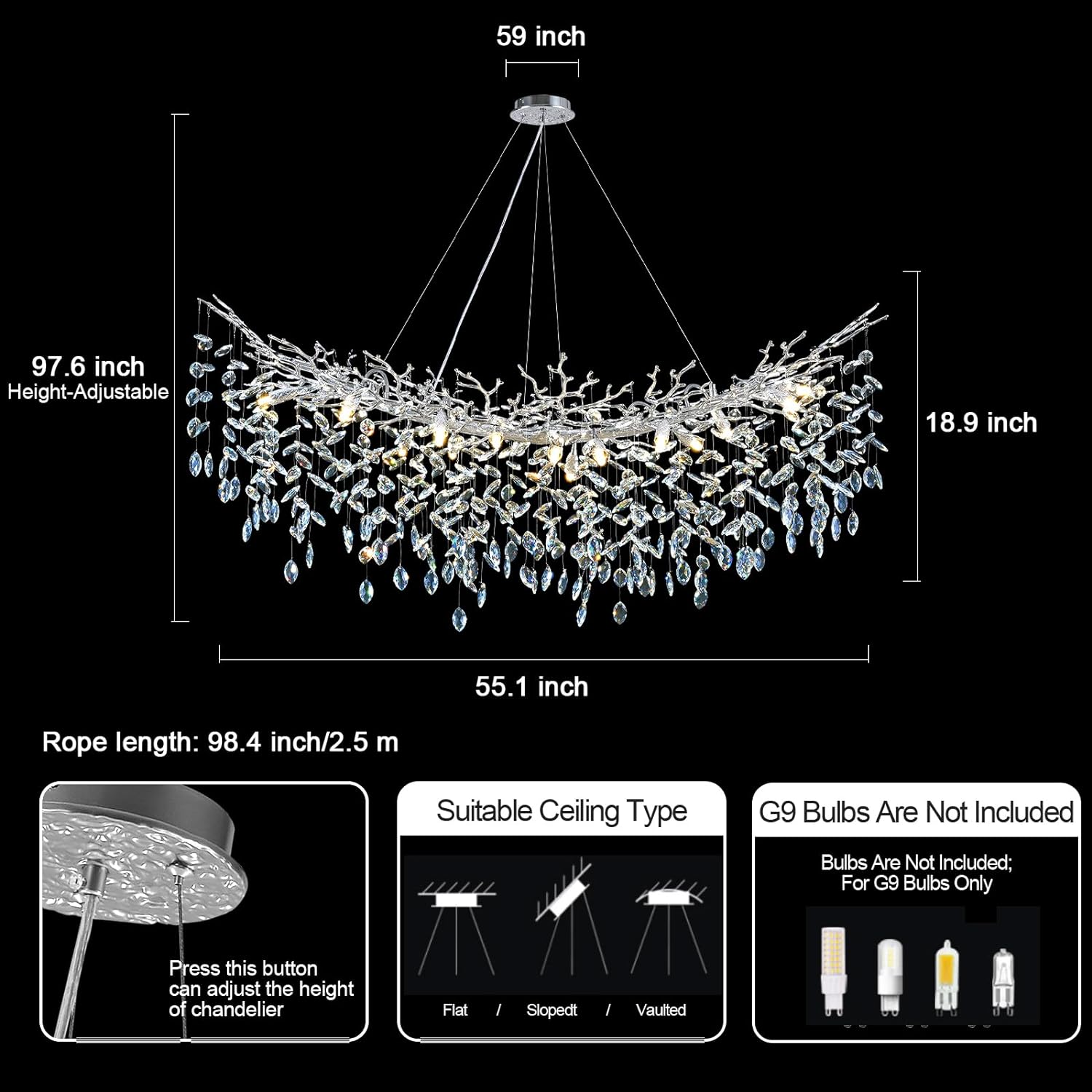 Ice Eye Modern Crystal Tree Branch Linear Chandelier for All Rooms 55" 72"