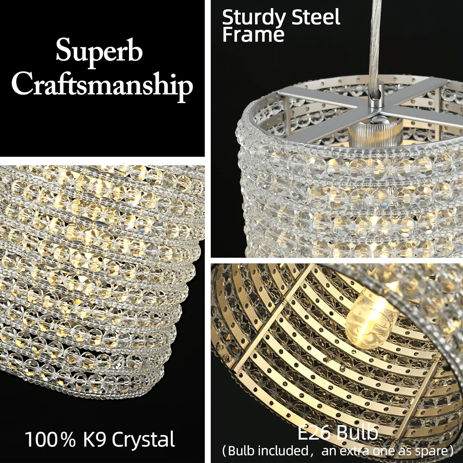 Grey/Clear K9 Crystal Beads Pendant Lights 12"