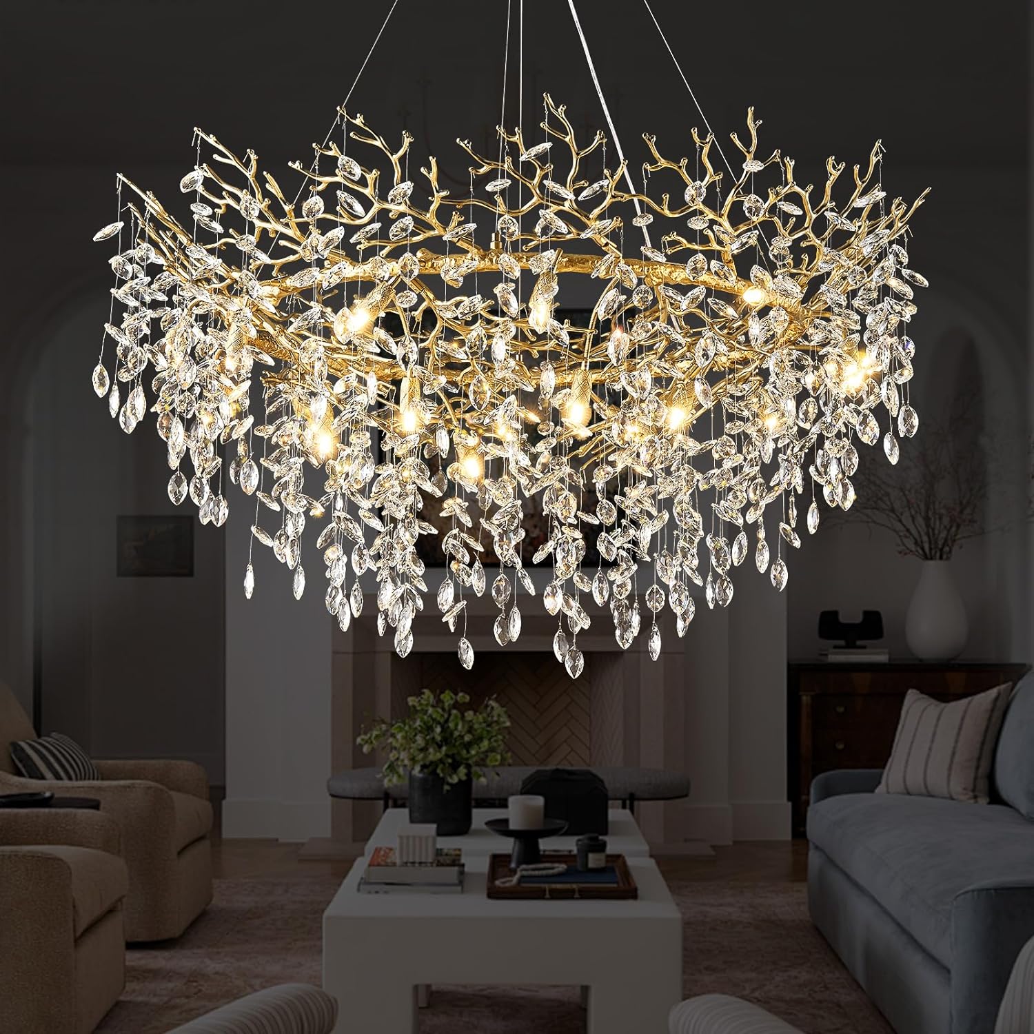 Ice Eye Modern Crystal Tree Branch Round Chandelier for All Rooms 30" 40" 48"