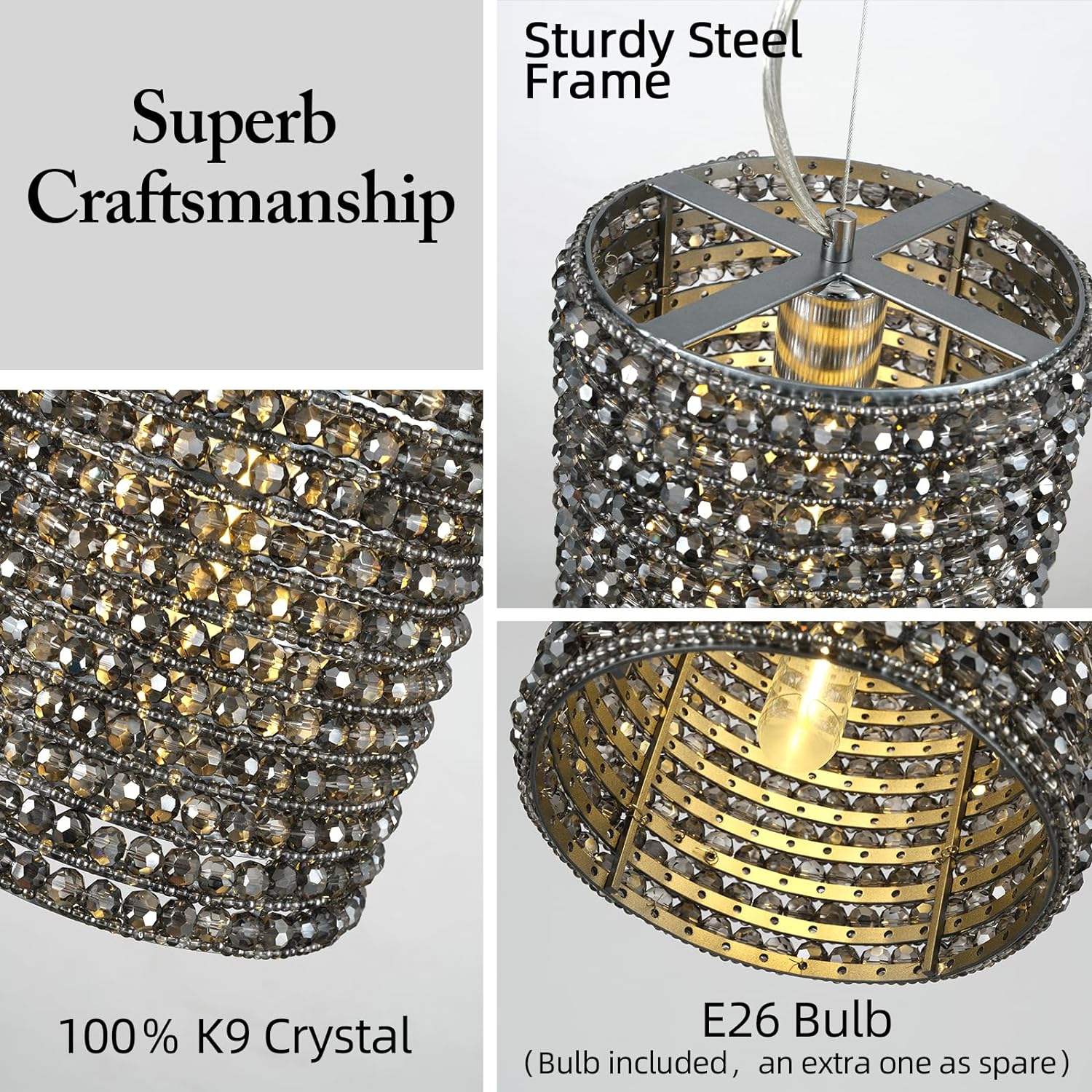 Grey/Clear K9 Crystal Beads Pendant Lights 12"