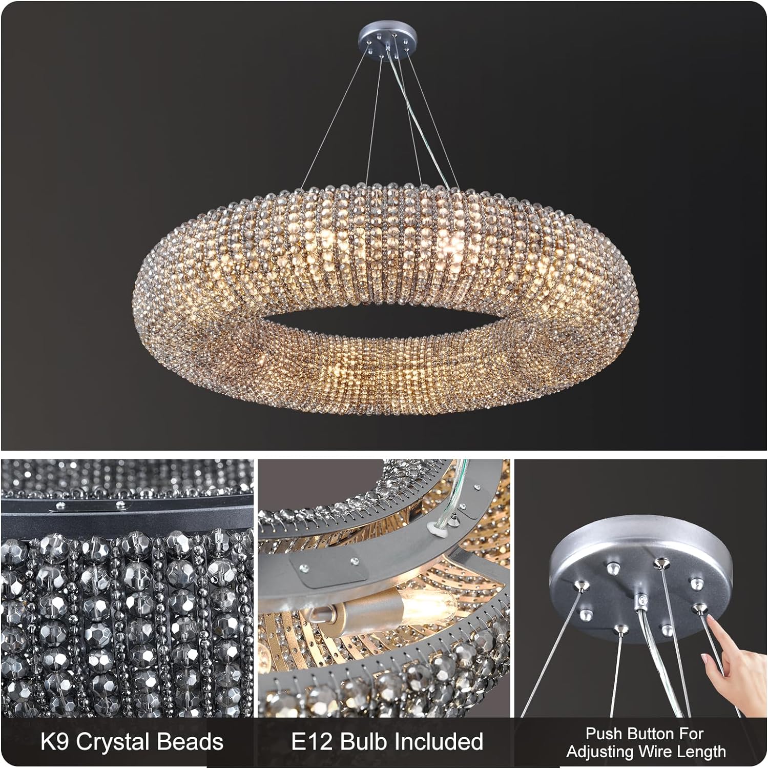 K9 Grey/Clear Crystal Beads Round Chandelier D31.5"