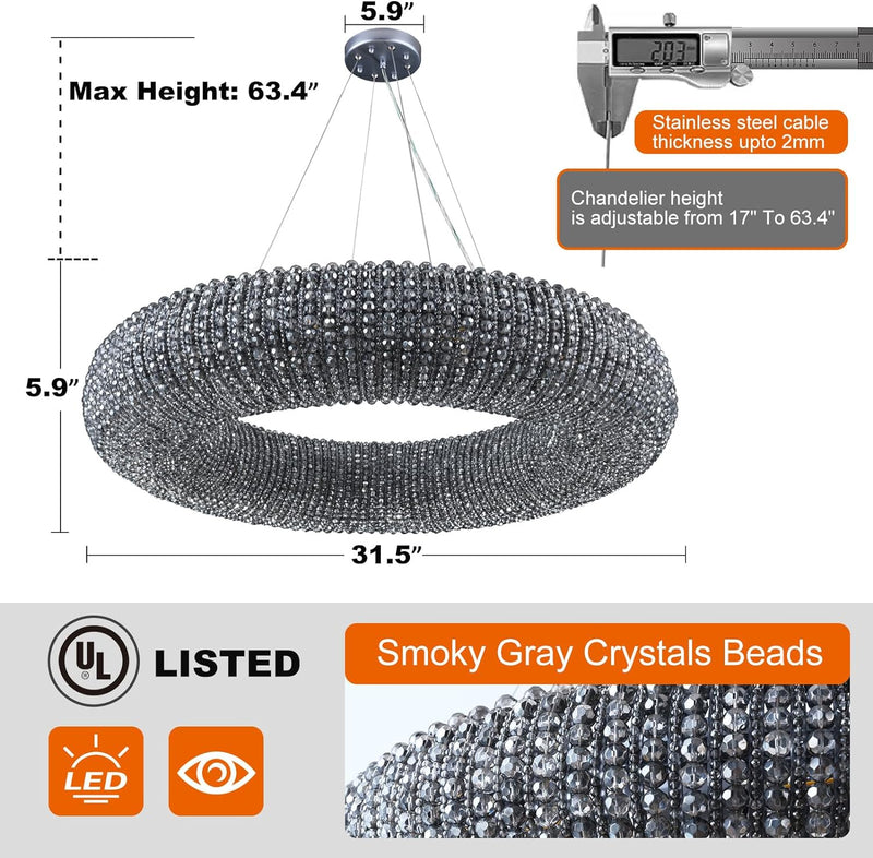 Load image into Gallery viewer, K9 Grey/Clear Crystal Beads Round Pendant Chandelier D31.5&quot;
