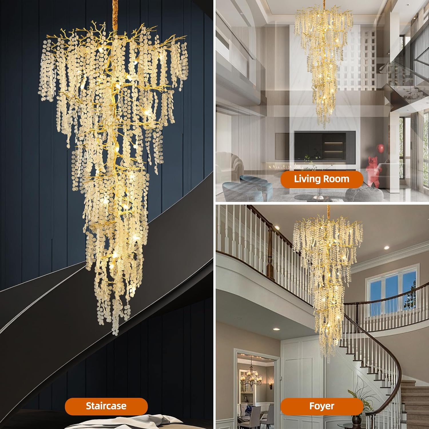 Coin Type Modern Crystal Tree Branch Staircase Chandelier 95"