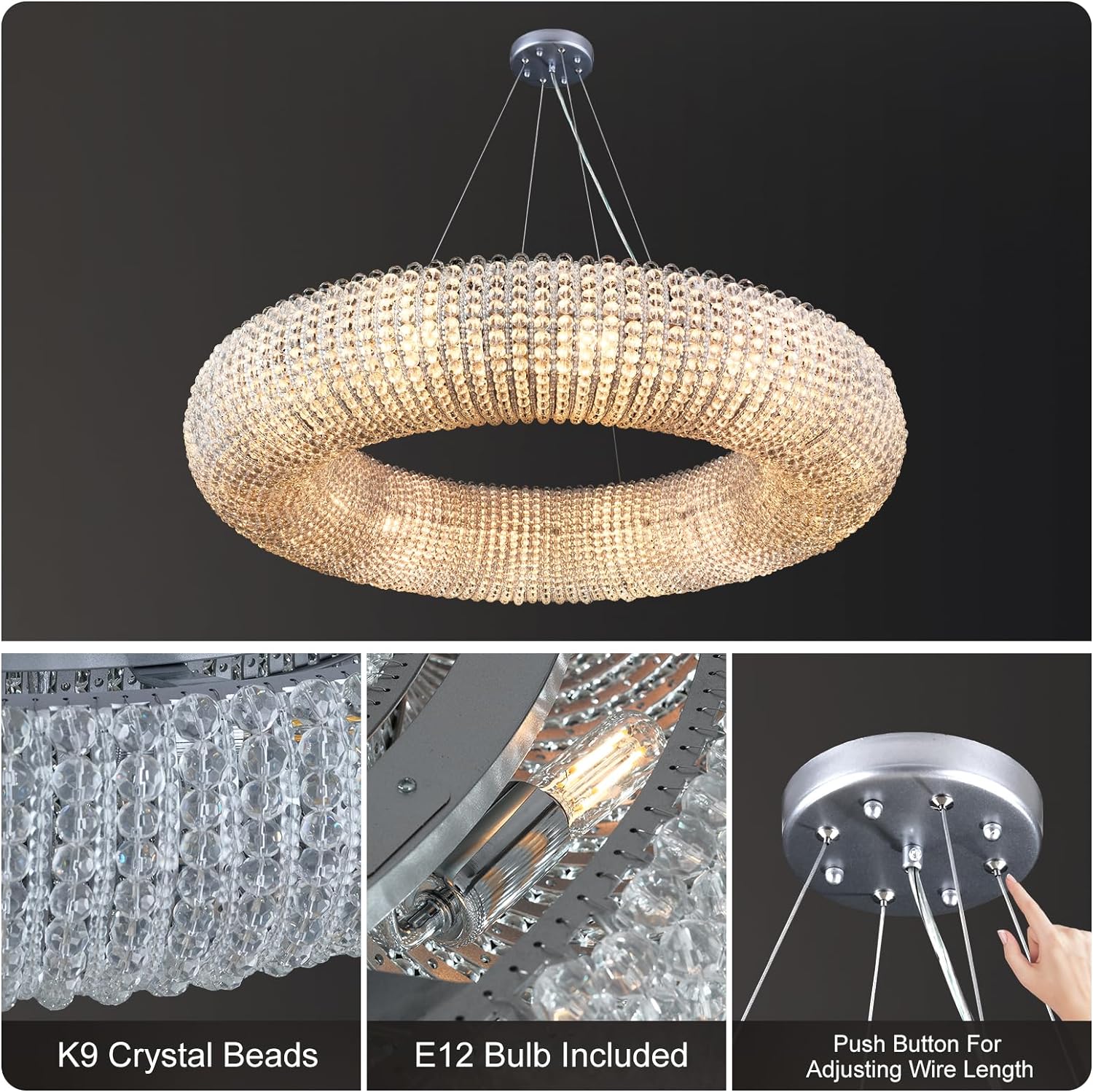 K9 Grey/Clear Crystal Beads Round Chandelier D31.5"