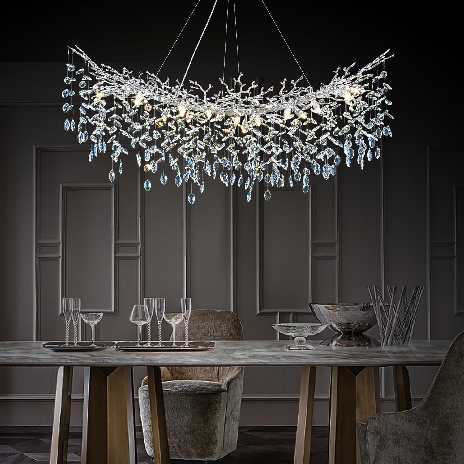 Ice Eye Modern Crystal Tree Branch Linear Chandelier for All Rooms 55" 72"