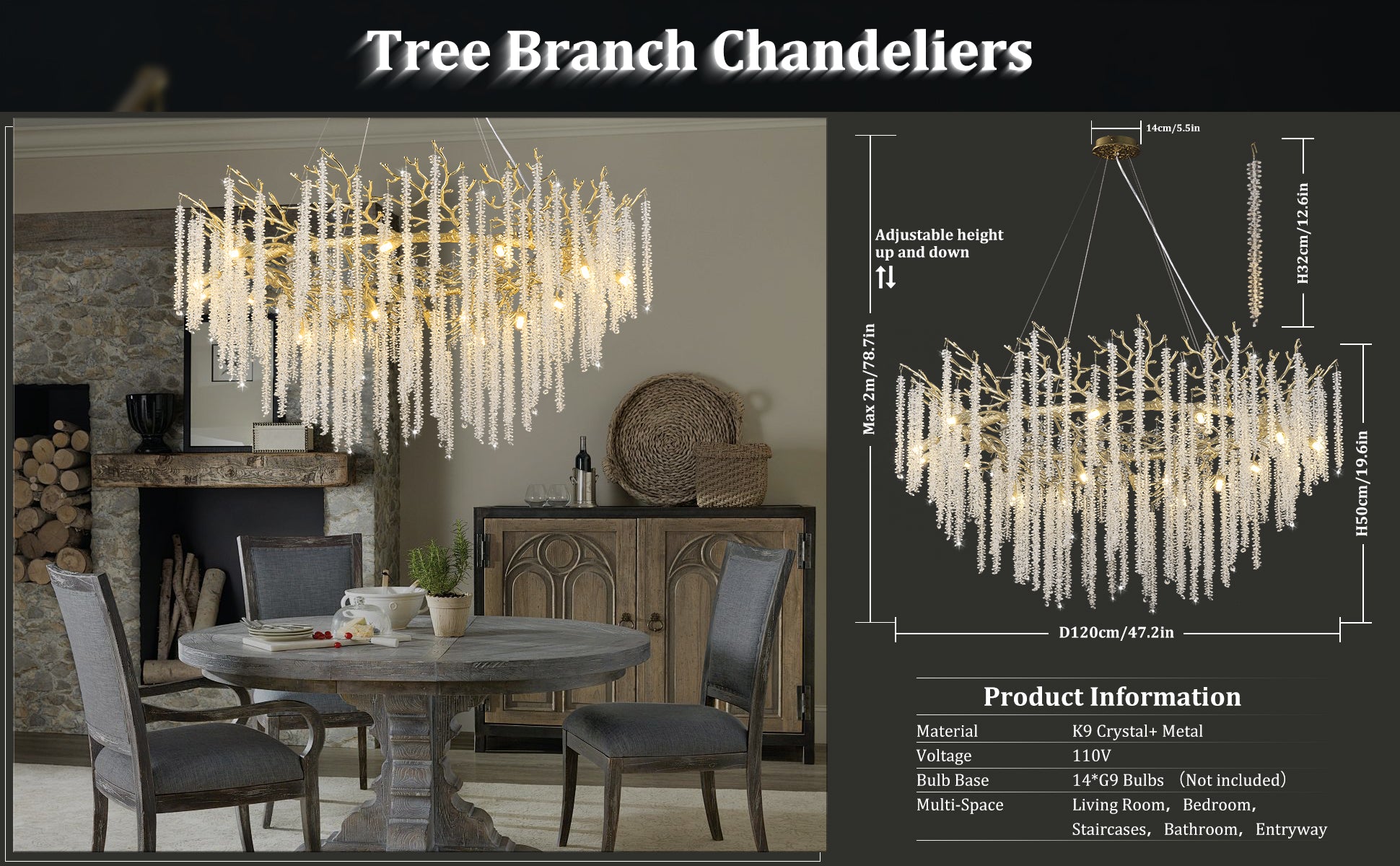 Snow Tree Branch Gold/Silver Chandelier 47''