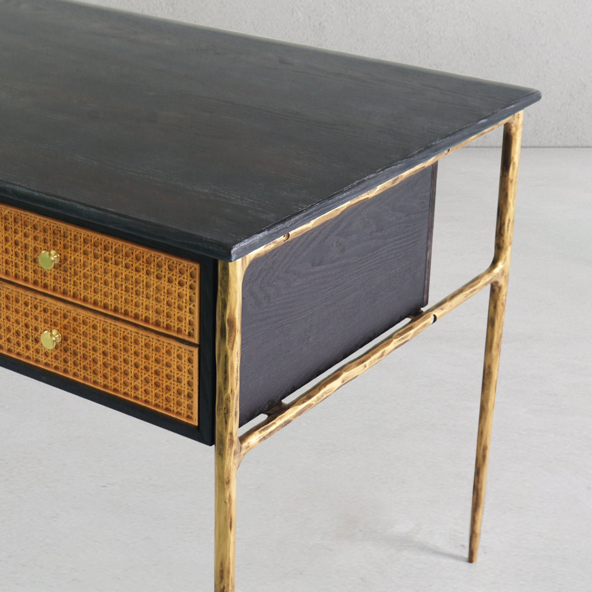 Thaddeus Retro Brass Iron Frame Rattan Desk