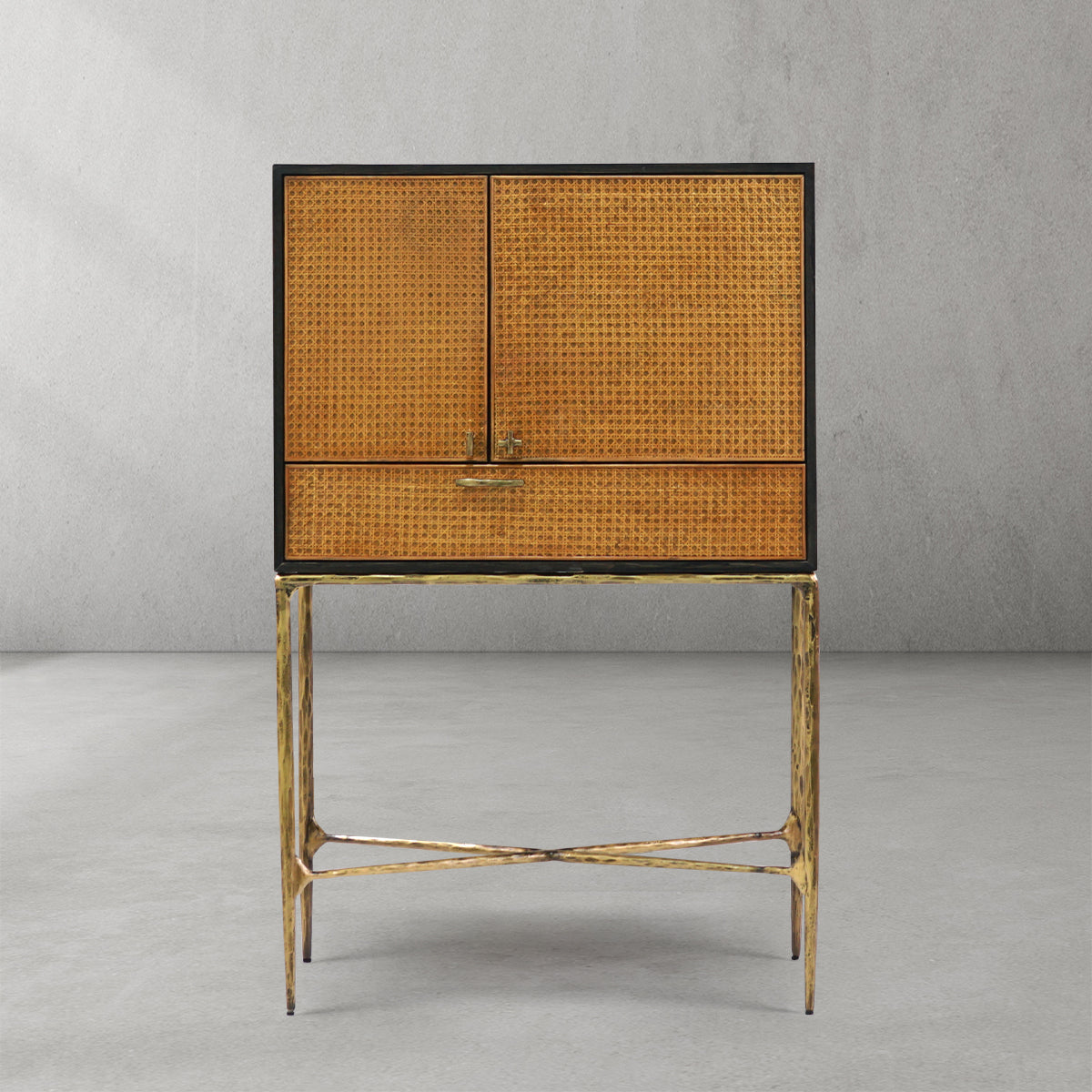 Thaddeus Metal Frame Rattan Side Cabinet