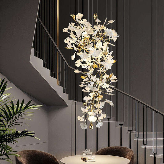 Ginkgo Cascading A Branch Chandelier in Staircase