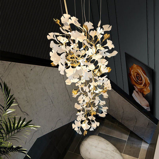 Ginkgo Cascading A Branch Chandelier in Staircase