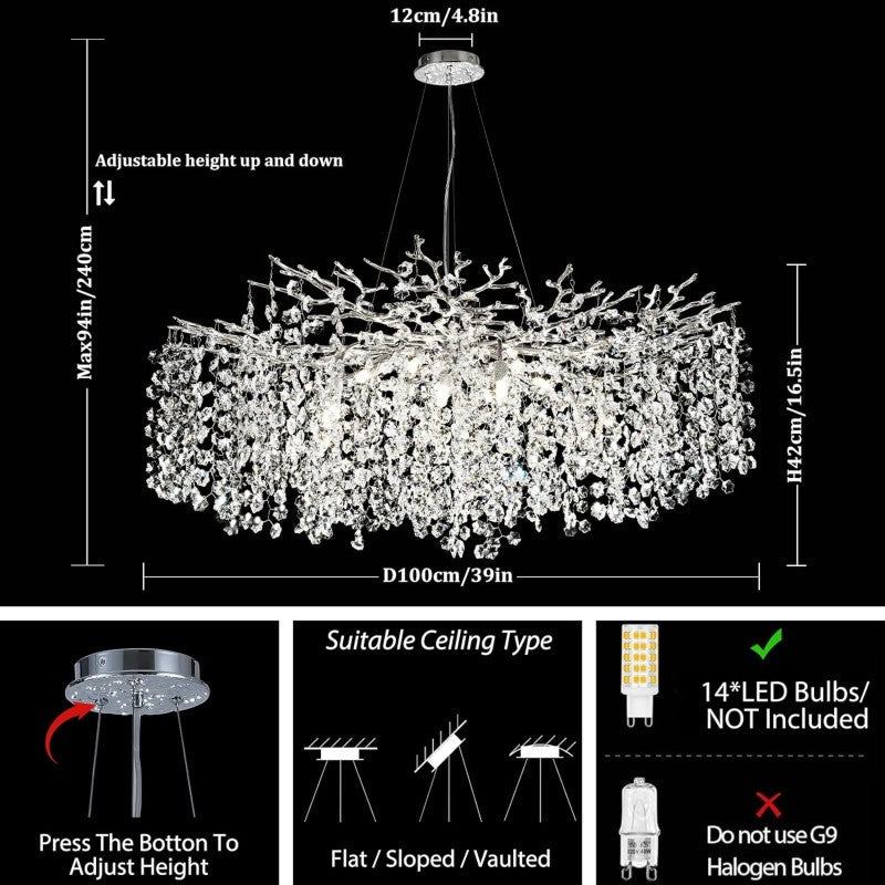 Modern Tree Branch Crystal Chandelier 55"L 30"D 40"D