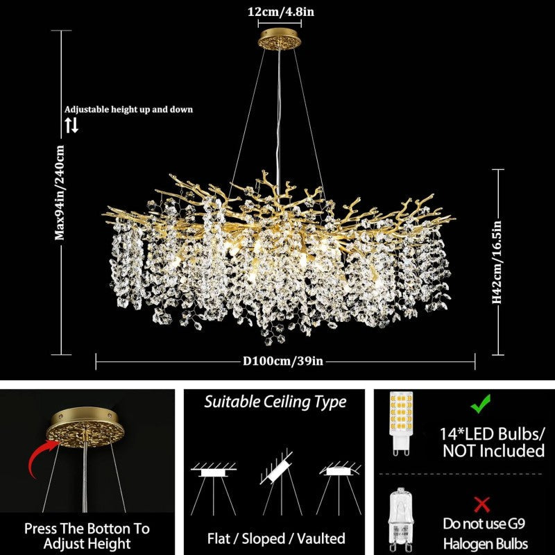 Modern Tree Branch Crystal Chandelier 55"L 30"D 40"D